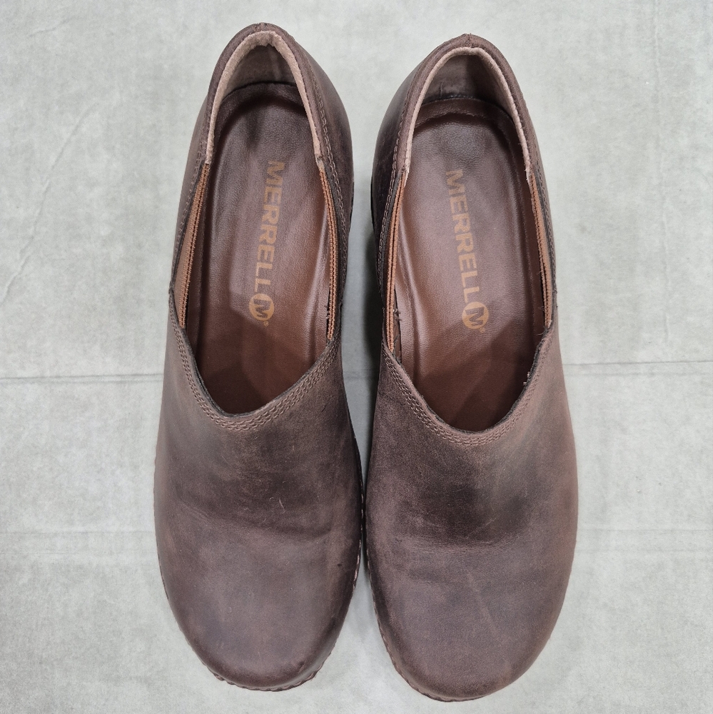 Merrell Emma clogs women's 7 brunette brown leather slip on elastic side panels - Picture 2 of 12